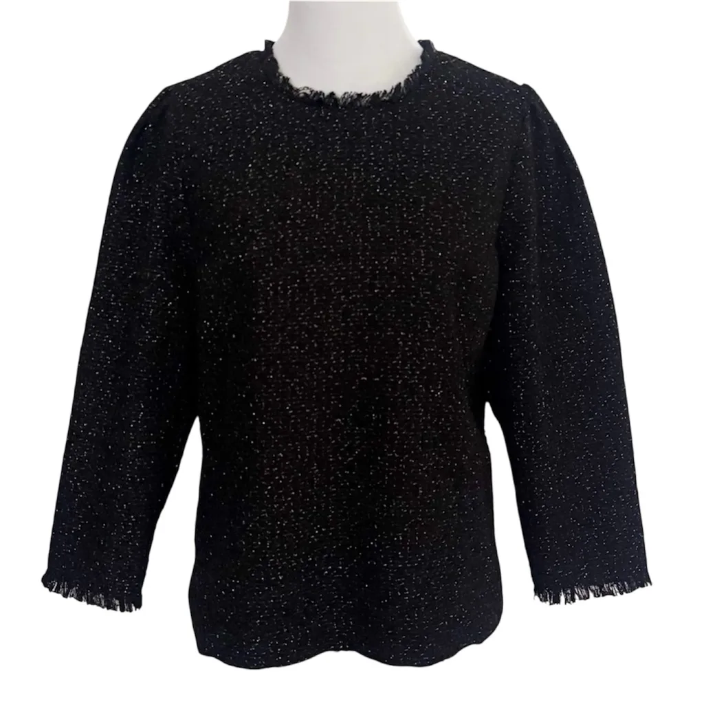 Ann Taylor Black Shimmer Tweed Puff Sleeve Top size Medium - Image 3
