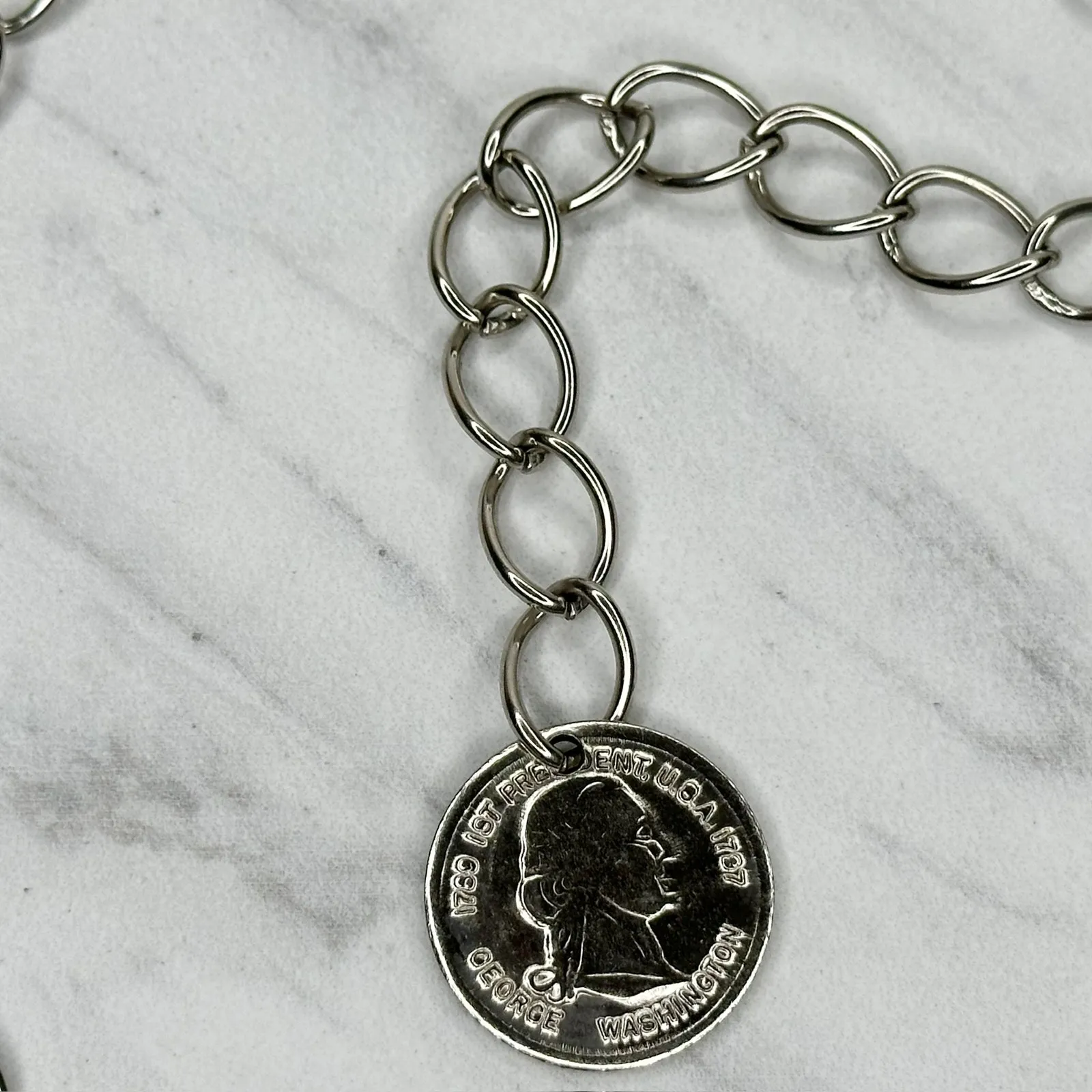 George Washington Coin Charm Silver Tone Metal Chain Link Belt One Size (OS) ✨ - Image 11