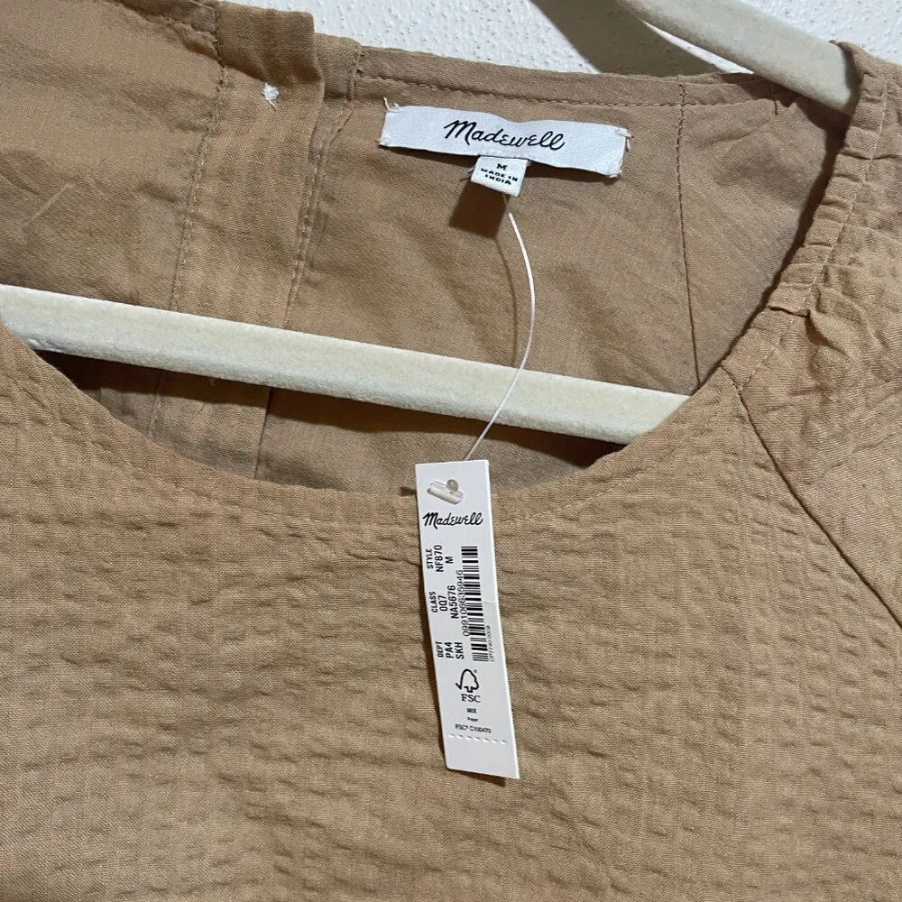NEW Madewell Size M Seersucker Puff Sleeve Cutout Mini Dress Tan Button Back - Image 4