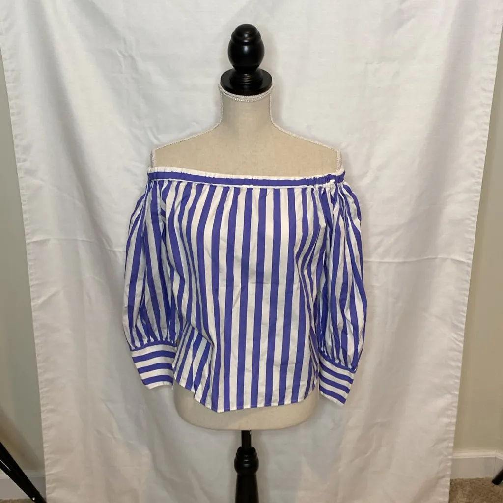 88 Thomas Mason X J. Crew Off Shoulder Stripes Blue Blouse Cottagecore Romantic - Image 3