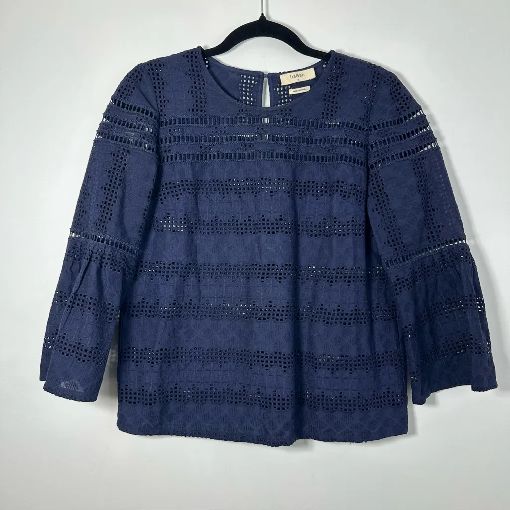 Ba&sh Gianna Navy Blue Embroidered Bell Sleeve Blouse Size S - Image 3