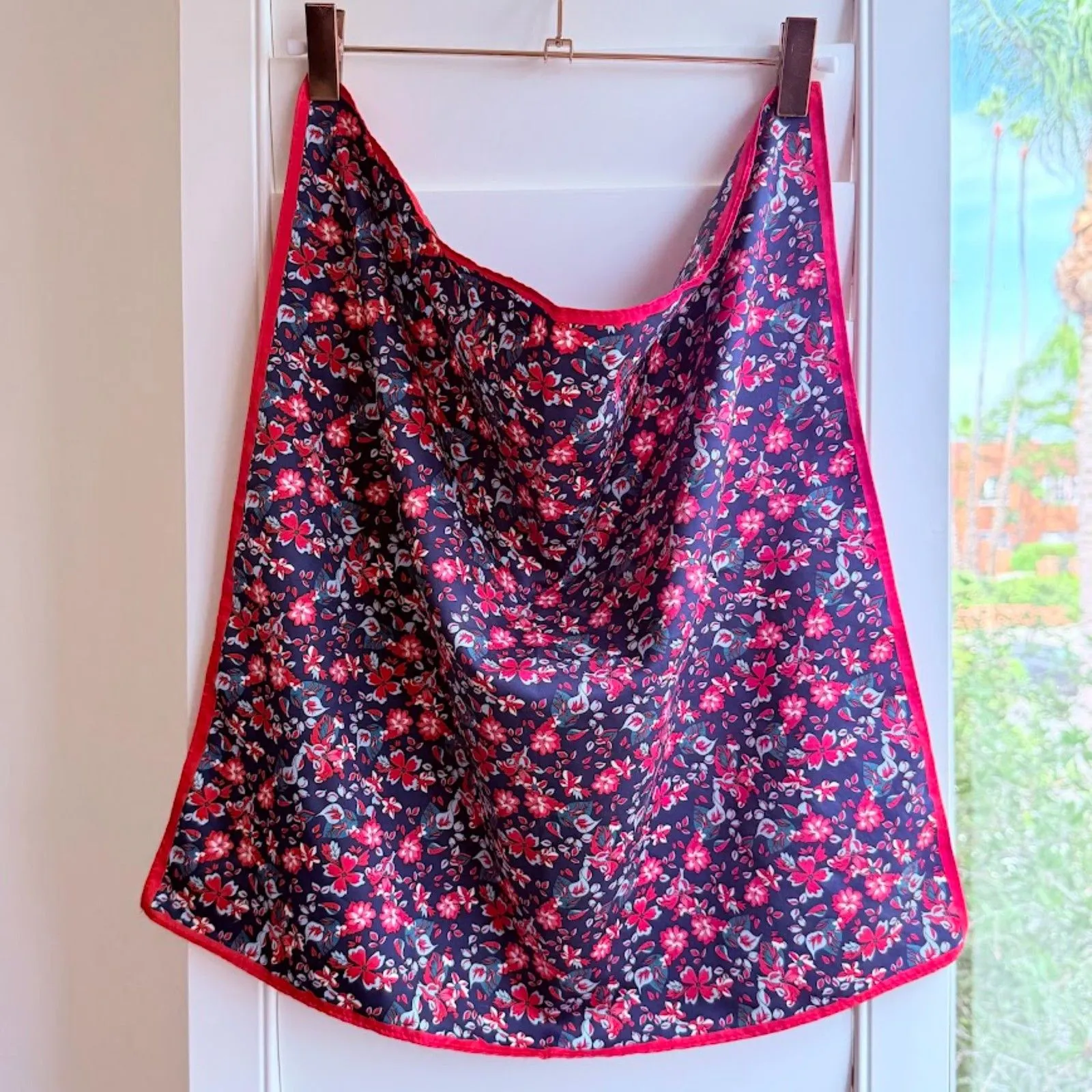 Floral Square Satin Scarf in Blue Red & White - Image 7