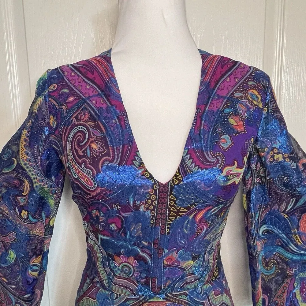 Etro Women Sz 40 Metallic Blue Paisley V - Image 4
