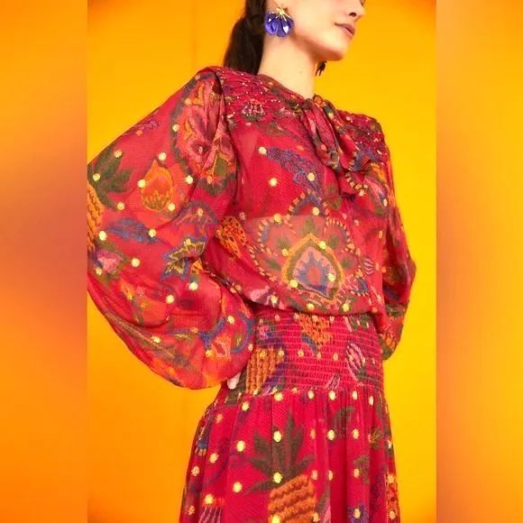 NWT Farm Rio Sunset Tapestry Floral Long Sleeve Boho Maxi Dress Warm Red Size XS - Image 5