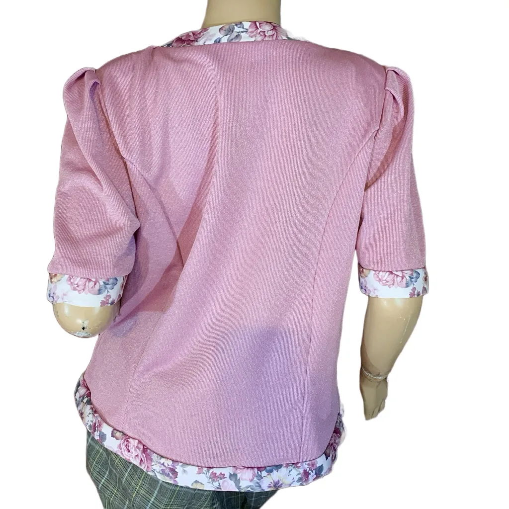VINTAGE 1980'S LENI LENI MAUVE PINK W/FLORAL ACCENTS KNIT BUTTON DOWN TOP (14) - Image 5