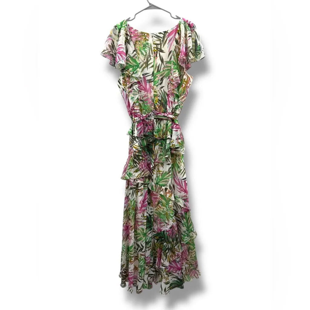 Badgley Mischka Palm Tree Maxi Dress Women’s‎ Size 16 Ruffle Sleeve Tie Waist - Image 5