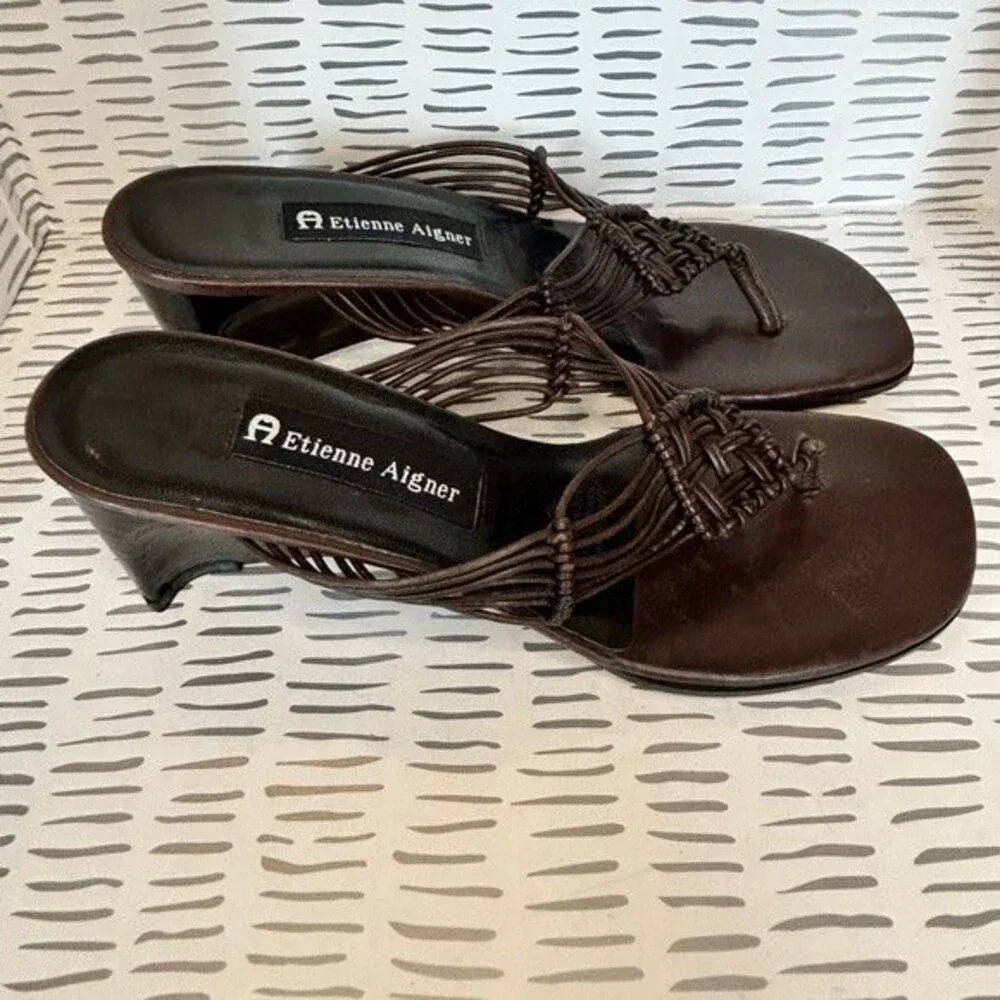 Etienne Aigner Catskill brown leather wedge sandal‎ macrame size 7.5 - Image 4