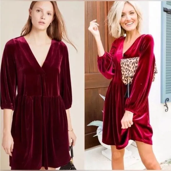 Anthropologie Amadi Greta Velvet Tunic Red Mini Dress Holiday Christmas Small - Image 2