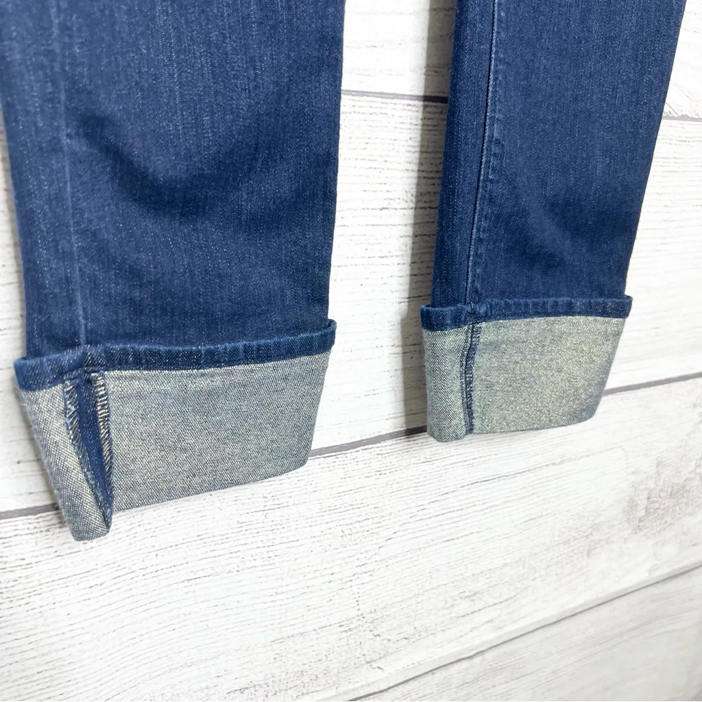 WHBM Dark Blue Slim Ankle Jeans with Gold Sparkle Boyfriend Cuffs Size 4 Long - Image 3