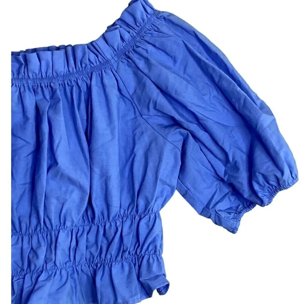 ZARA Ruffle Poplin Off The Shoulder Elastic Stretch Crop Top Cotton S Blue #3266 - Image 5