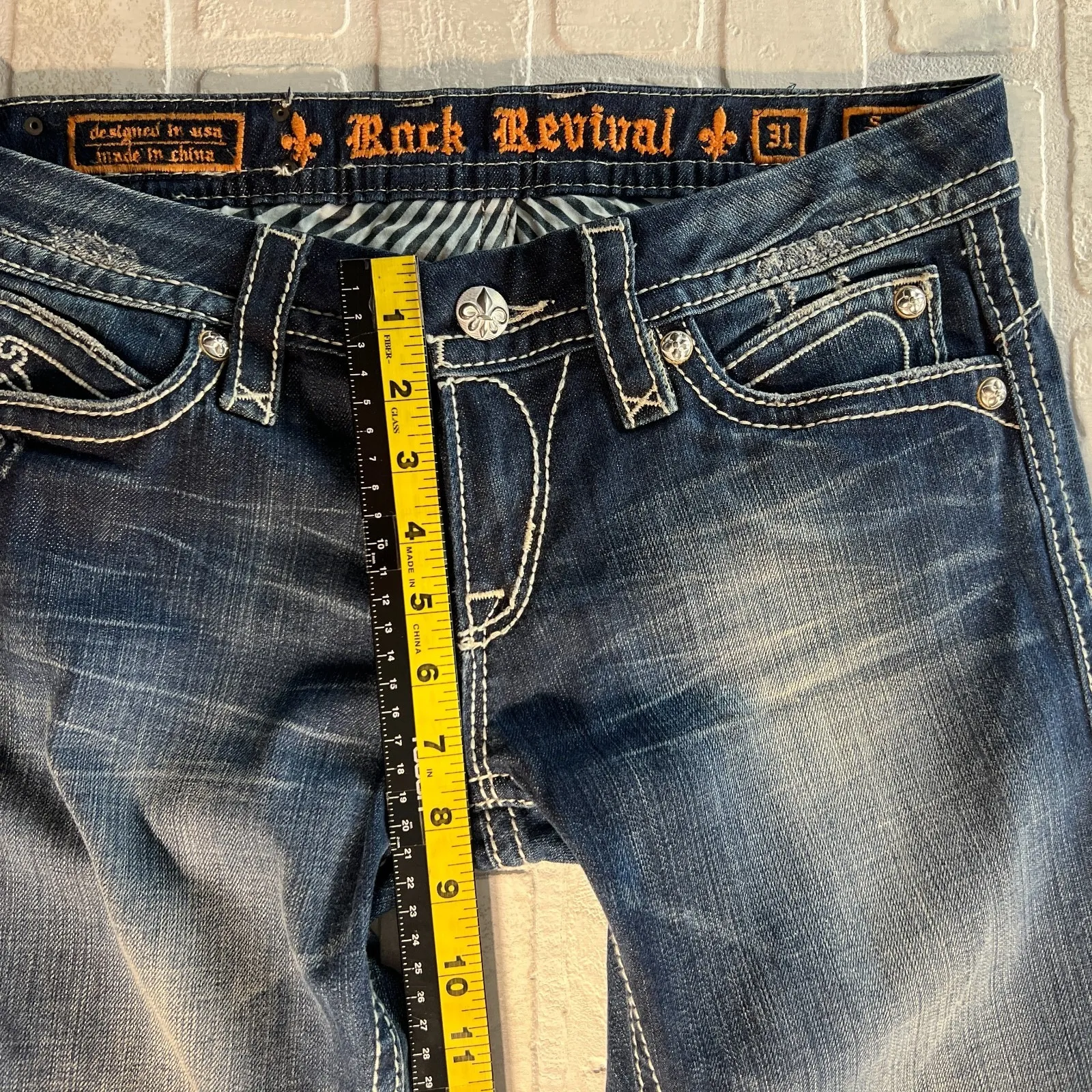 Y2K Rock Revival Sasha Boot Jeans Womens 31 Dark Wash Denim Flap Rhinestones - Image 13