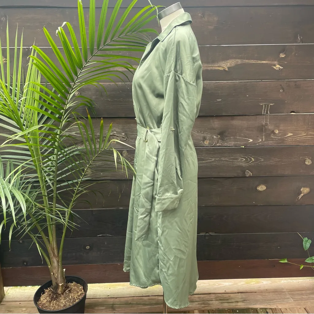 French Connection XS Satin Shirt‎ Dress Green Belted Midi Long Sleeve NWT - Image 5