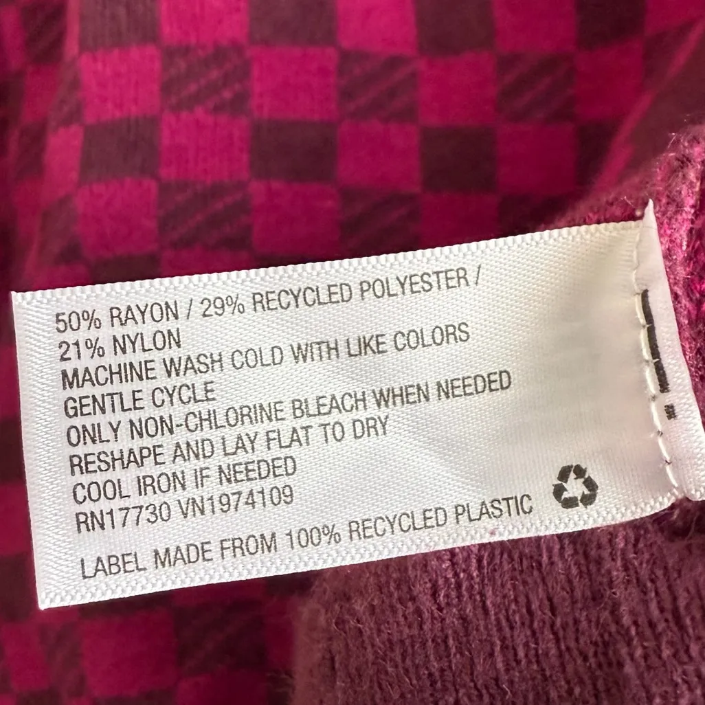 Womens Cardigan Pink Burgundy Checkerboard Cropped Sweater Y2K Retro Size Medium - Image 4