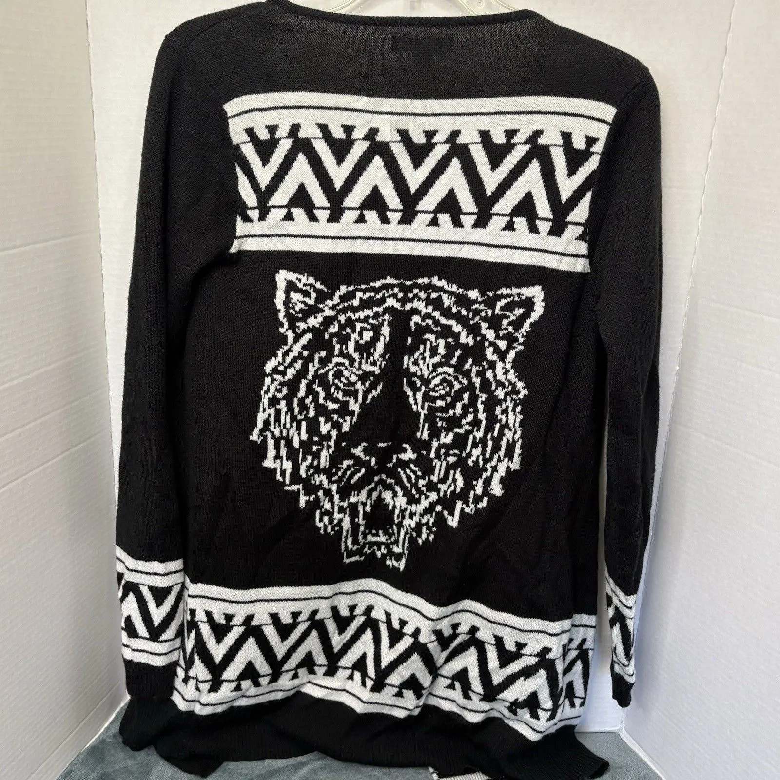 Material Girl Open Front Cardigan Black/White Aztec Tiger Women’s Size Small Black - Image 4