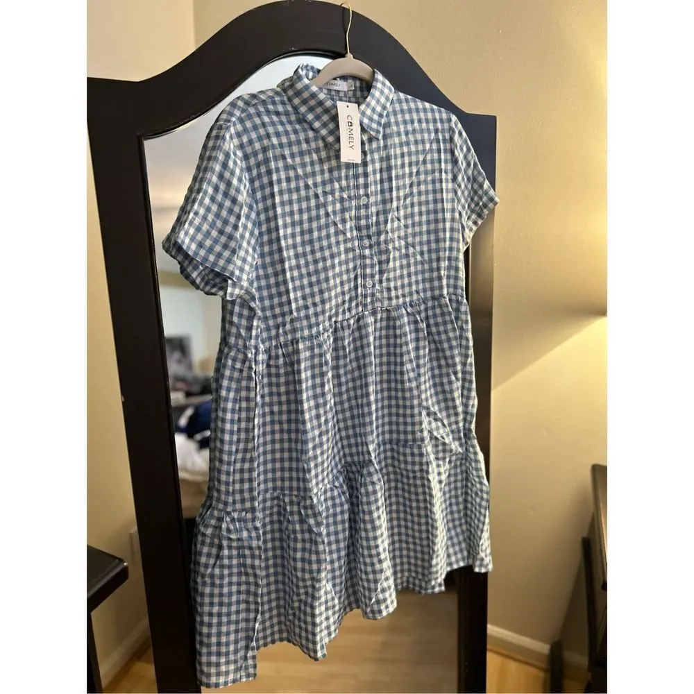 NEW Casual V Neck Plaid Tunic Shirt Dress Short Sleeve Summer Mini L Blue Size L - Image 5