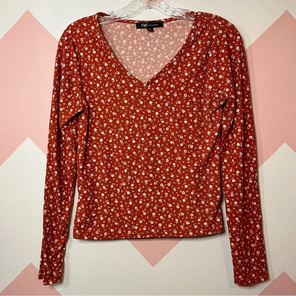 YMI Collections Orange Rust Floral Long Sleeve Tshirt Fall Size Medium - Image 2