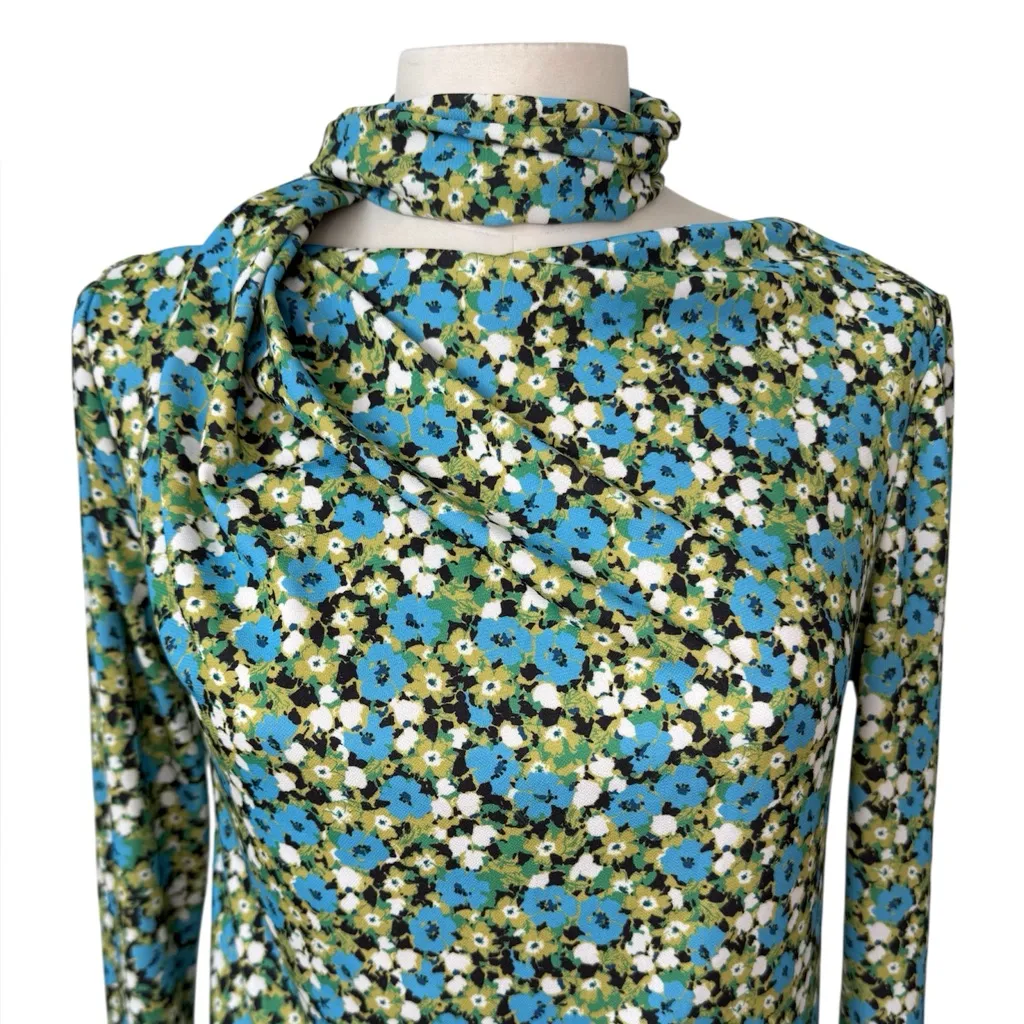 Zara Open Back High Neck Midi Length Green Floral Dress size L - Image 3