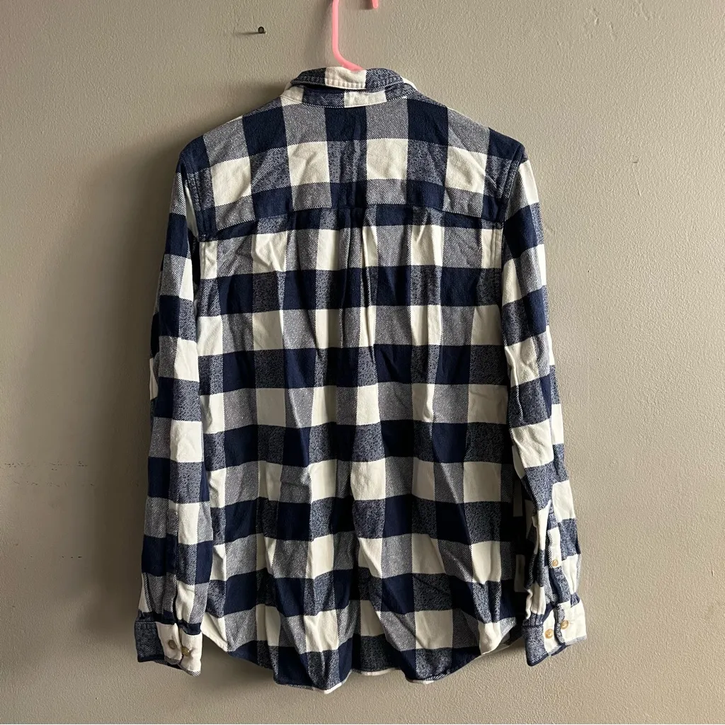 Women’s L.L.Bean Navy and White Plaid Cozy Flannel Blue Checkered Shirt Large - Image 3