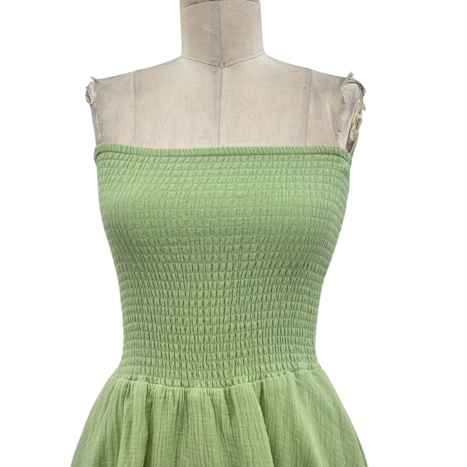 Sundays Micro‎ Mini Dress Strapless Smocked Cotton Gauze Green Size Small - Image 2