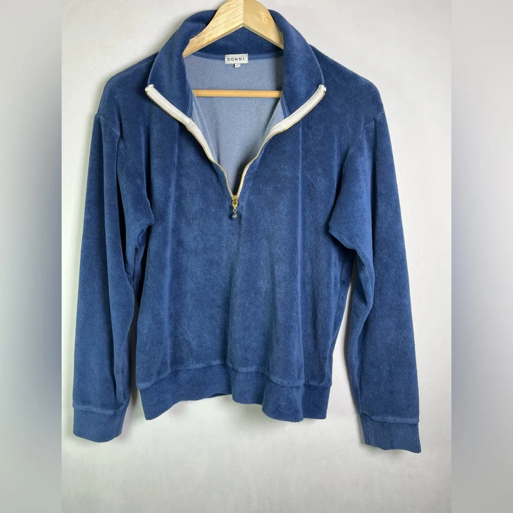 DONNI Women’s Terry Cloth Half Zip Pullover Sweatshirt Blue Size M Made in USA Size M - Image 5