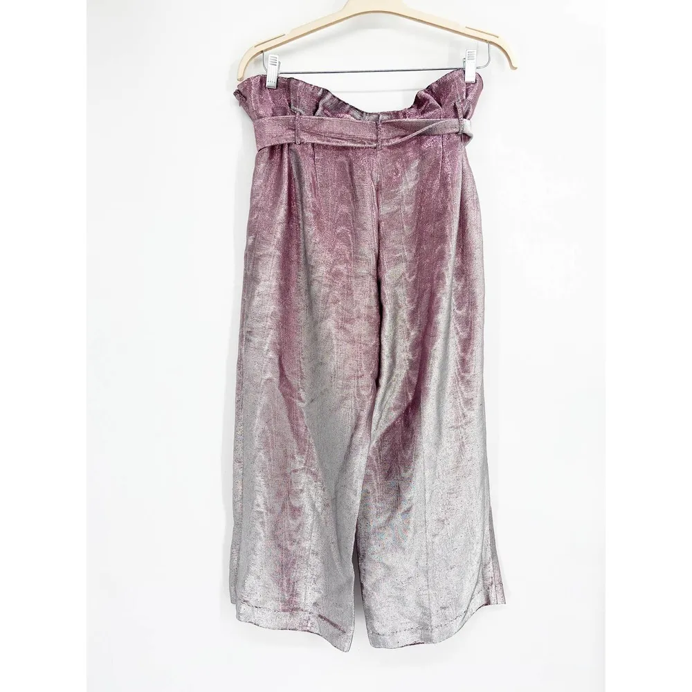 Badgley Mischka Pink Silver Metallic Wide Leg Paperbag Tie Waist Pants Size 14 - Image 34