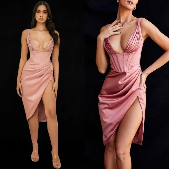HOUSE OF CB 'Faye' Rose Satin Pleated Midi Dress - Image 2