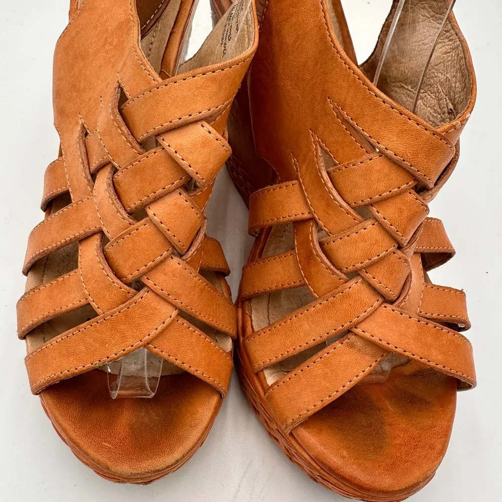 Frye Brown Leather Corrina Strappy Weave Wedge Platform Heels Size 8 - Image 6