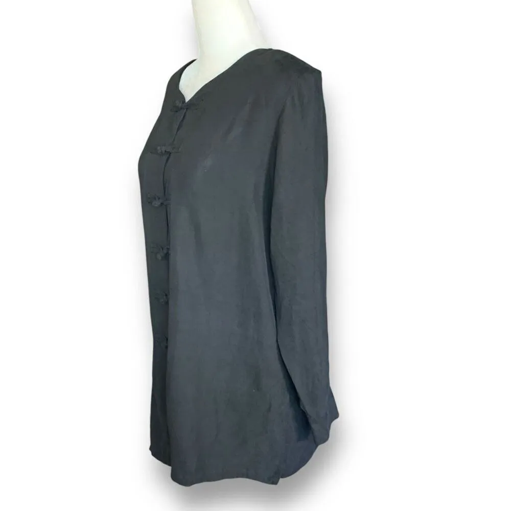 Vintage Anne Larsson Oversized Black Silk Top Long Sleeve Knot Buttons Asian Black - Image 6