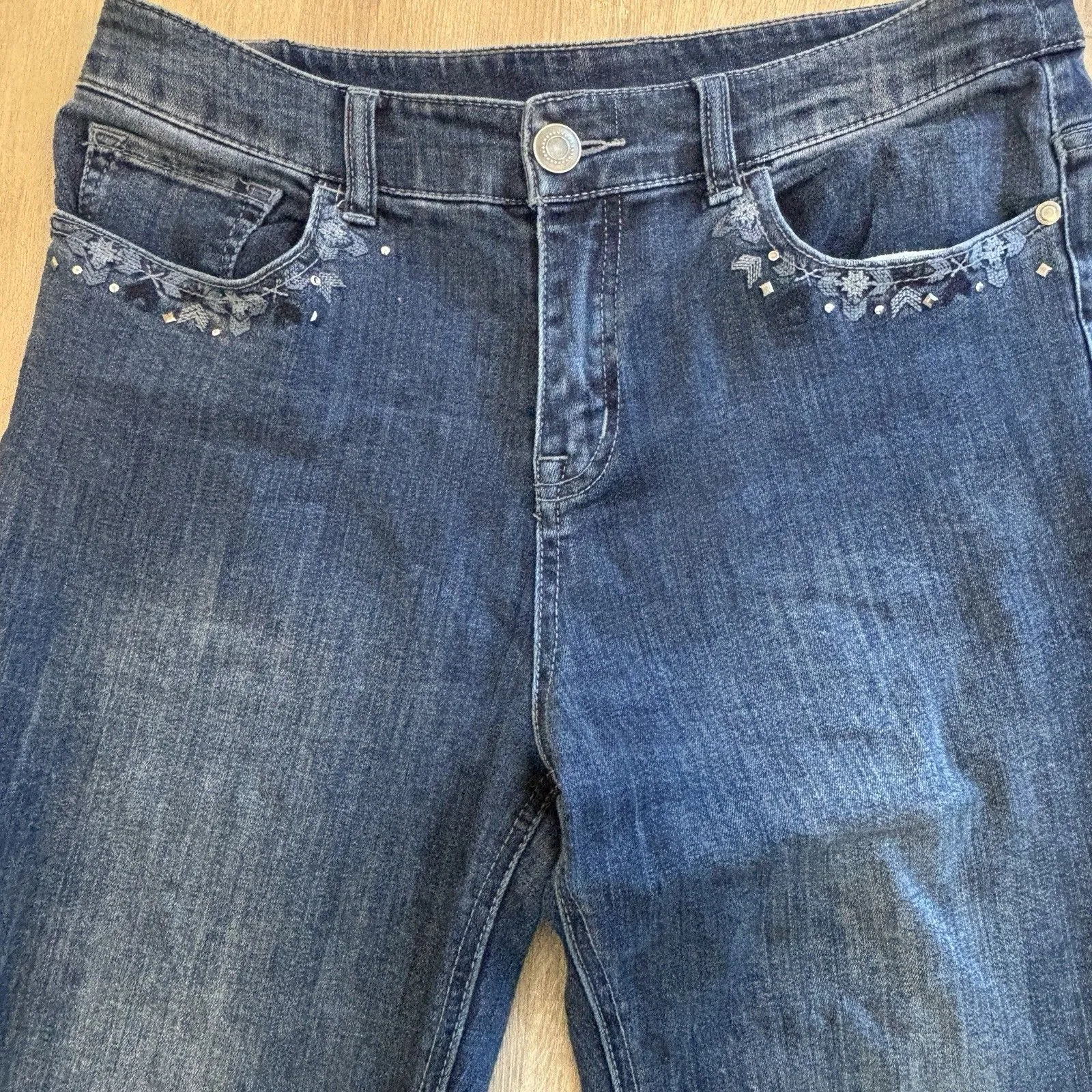 CHRISTOPHER BANKS JEANS 8P Petite Blue Denim Embroidered Pockets Bootcut Stretch - Image 3