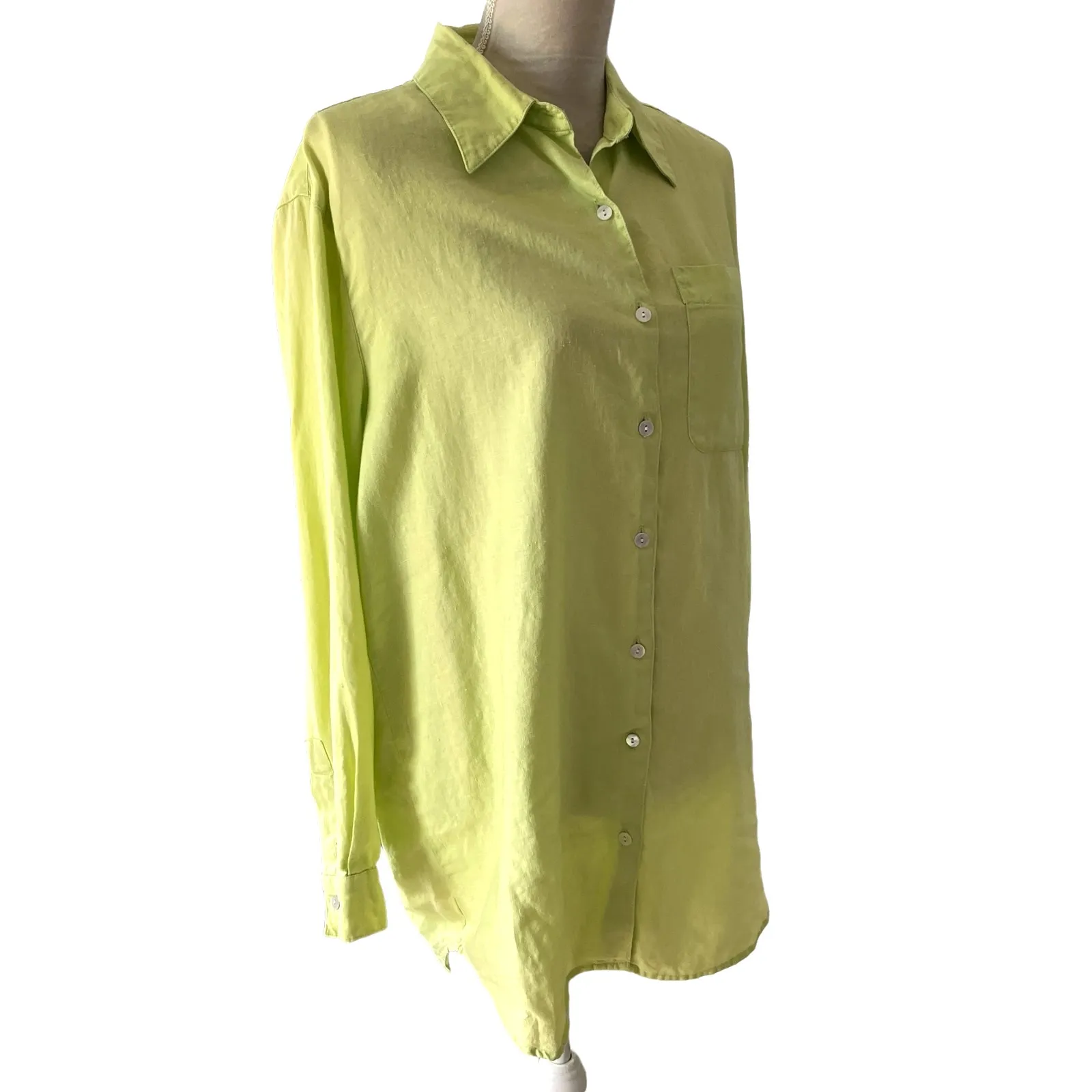 Sag Harbor Oversized Linen Button Down Shirt M Spring Green Chartreuse - Image 5