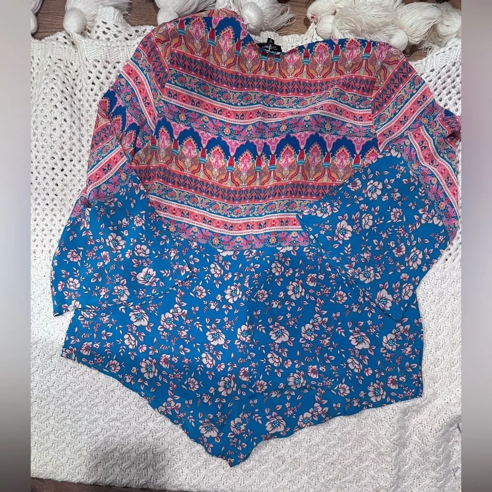 Tolani small Floral Bohemian Women's Top - Blue and Pink asymmetrical silk - Image 7