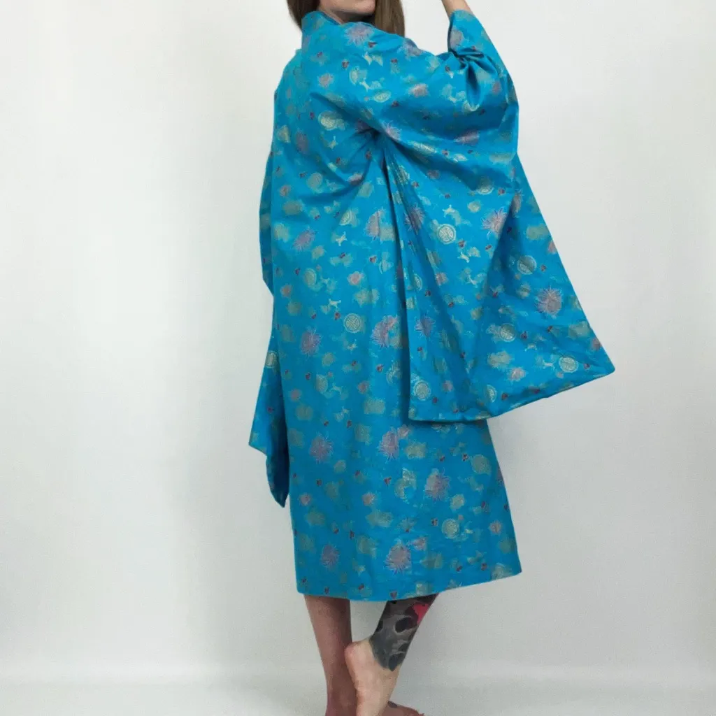 Vintage Patterned Kimono Robe in Aqua Blue | Size S/M - Image 5