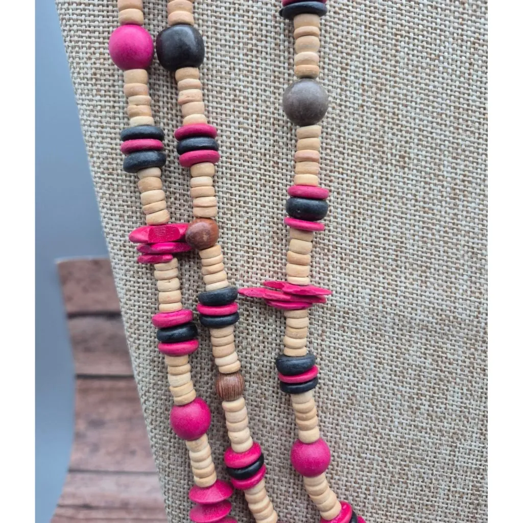 Vintage Artisan Boho Multi-Strand Wood Beaded Necklace Chunky Pink Brown Tribal - Image 6