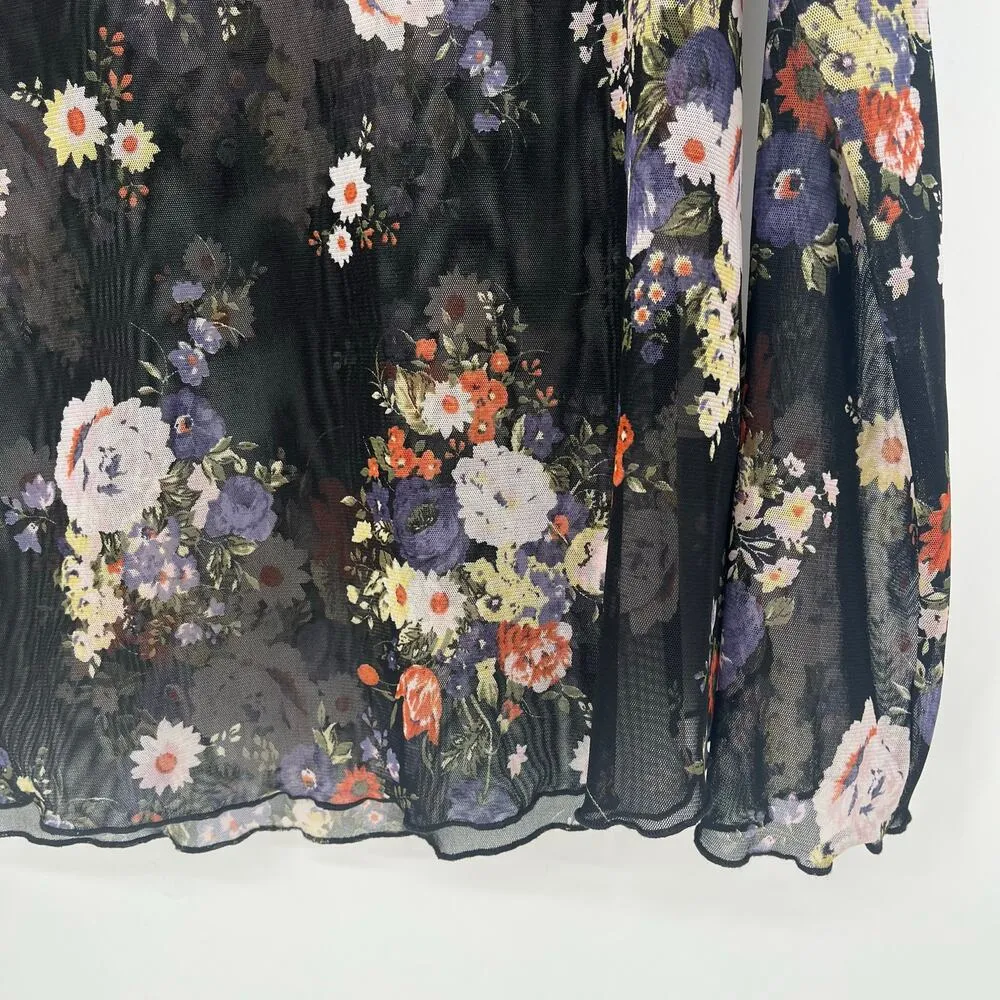 White Birch Long Sleeve Sheer Floral Mock Neck Top in Dark Floral Size Large - Image 6