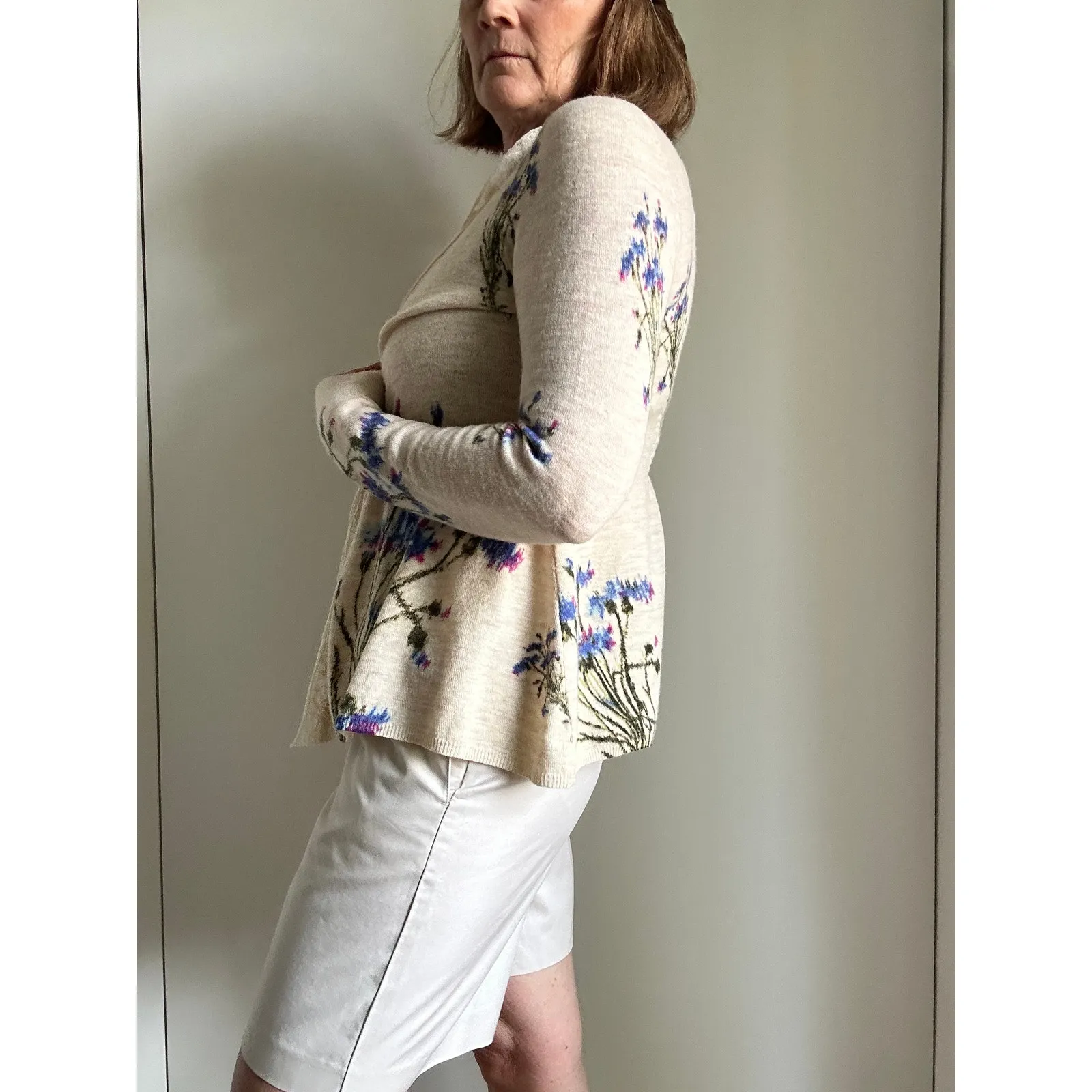 Knitted & Knotted Anthro Wool Cardigan Sweater Size Sm Open Neutral Floral Blue - Image 5