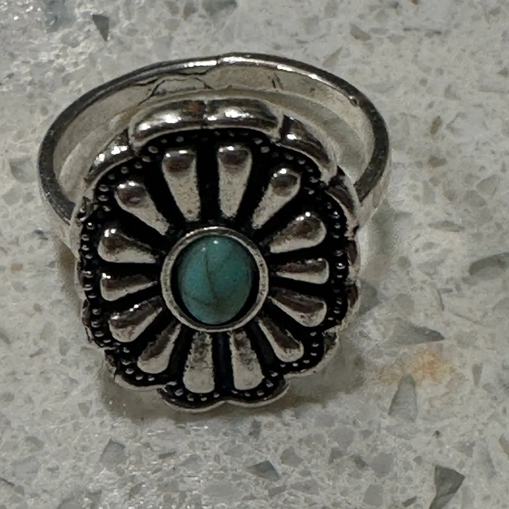 Silver Color Floral Ring with Turquoise Stone - Image 2