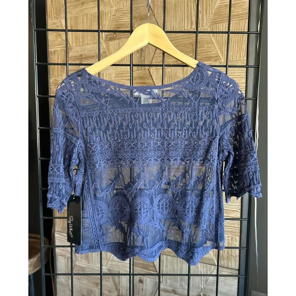 NWT Say What Womens Top Sz Small Blue Crop Embroidered Crochet Bohochic - Image 4