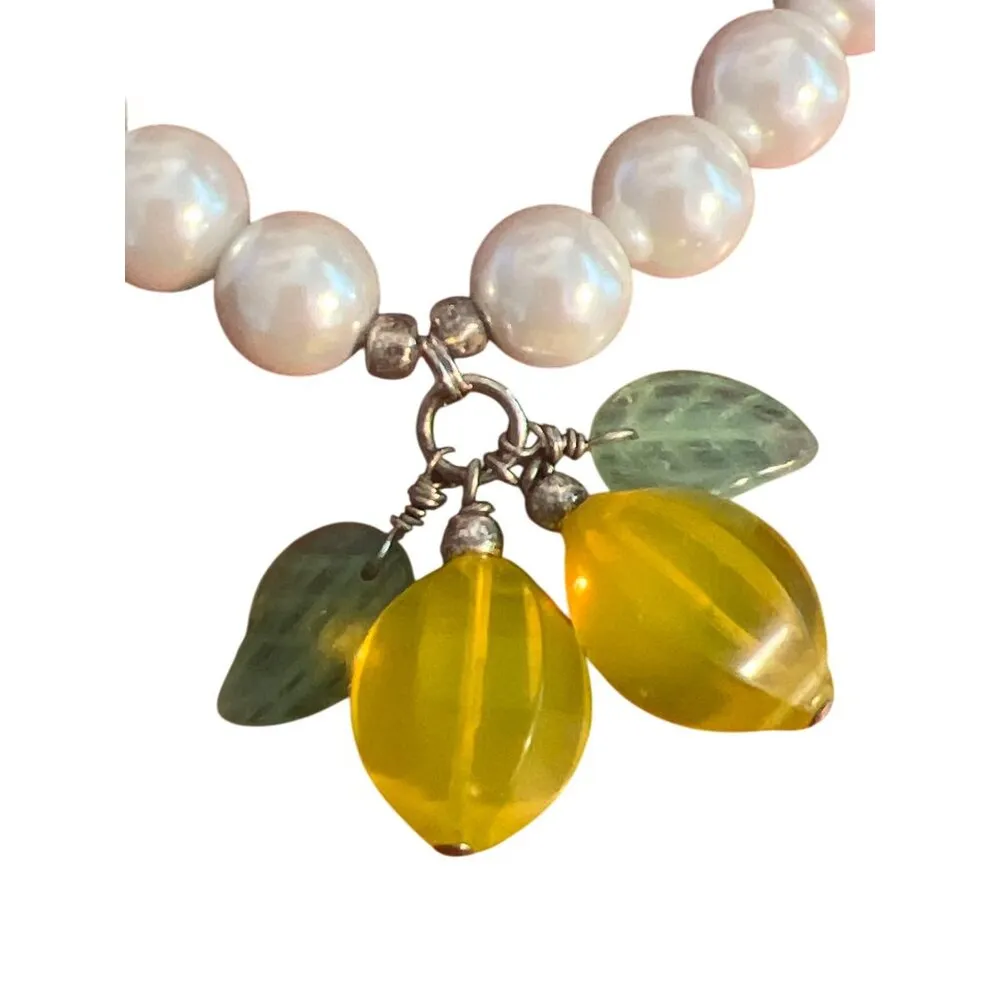 Faux Pearl Necklace Glass Bead Dangles Lemon Leaves Yellow Green Silver Tone WMB - Image 2