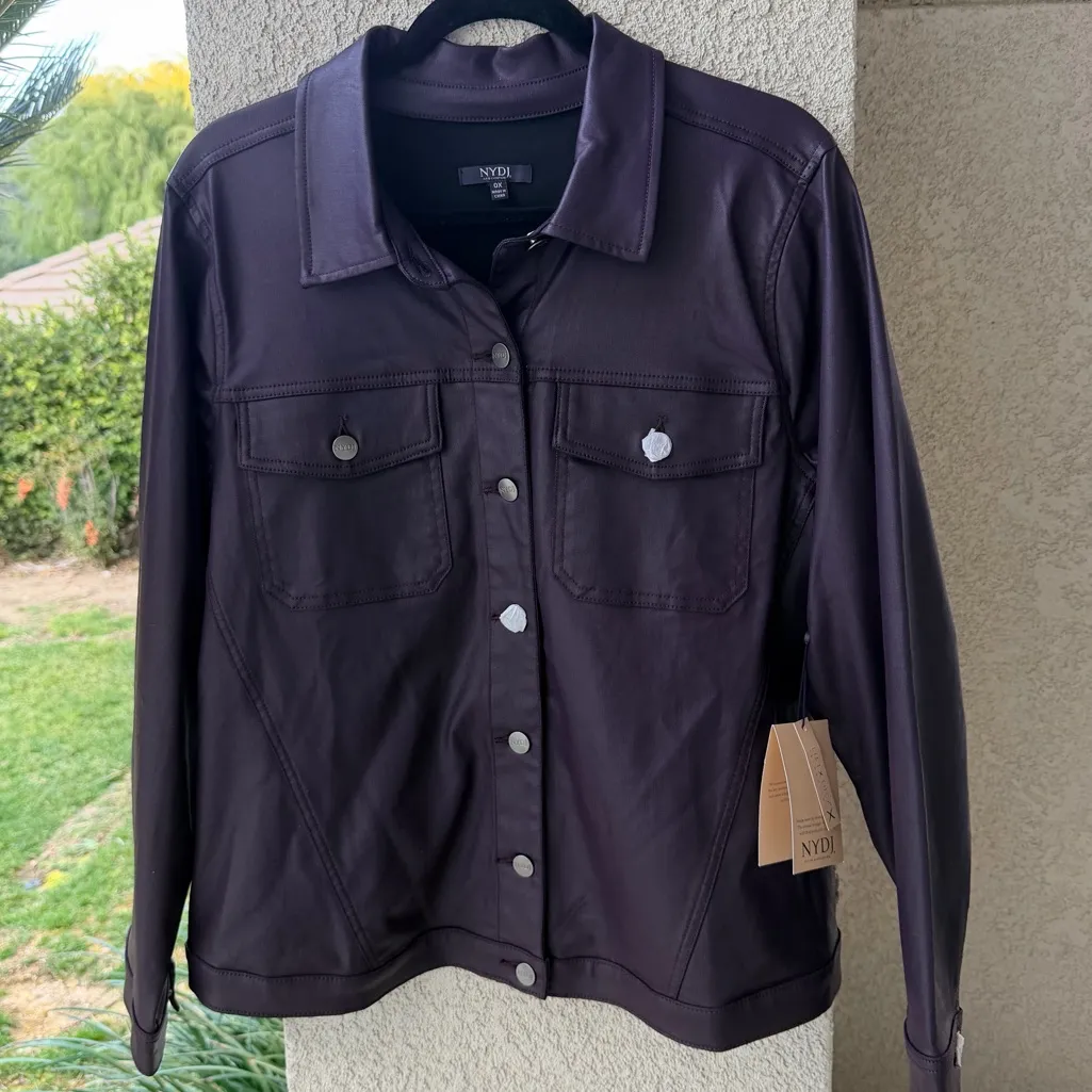 NWT🍆 NYDJ Purple Eggplant Coated Stretch Denim Jean Jacket Faux Leather, Size 0X - Image 3