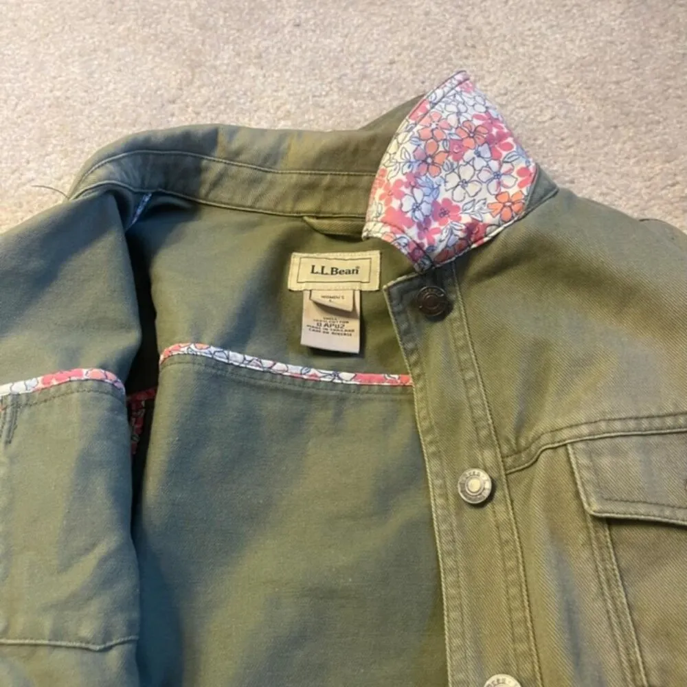 L.L. Bean Denim Jacket Small Green Floral Utility Canvas Trucker Jacket Womens L - Image 7