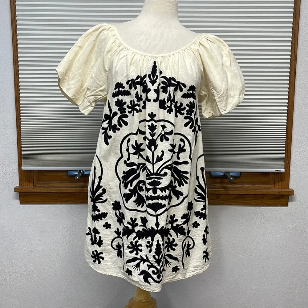 XS // Free People Ivory Cotton Fiona Black Floral Embroidered Mini Dress - Image 5