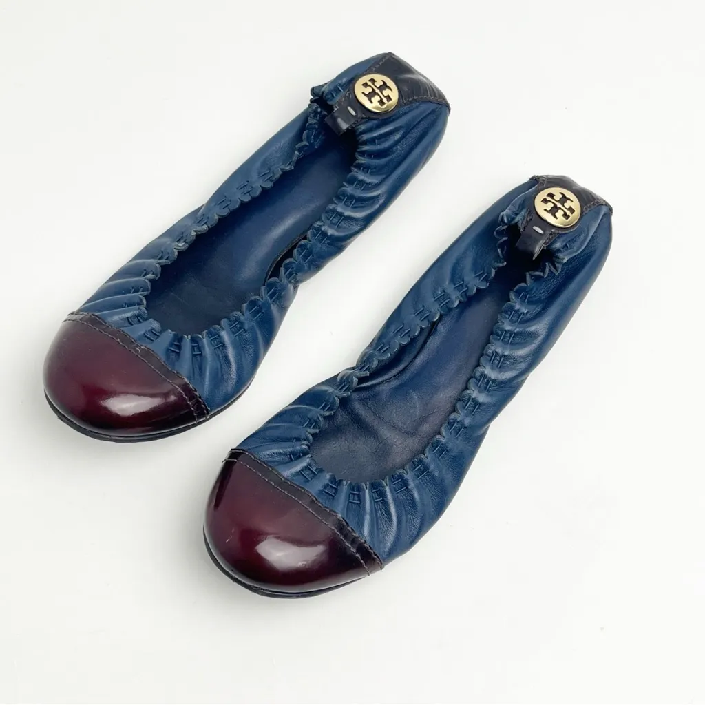TORY BURCH Abbey Navy Blue Leather Burgundy Cap Toe Ballet Flats, Size 8.5 - Image 4