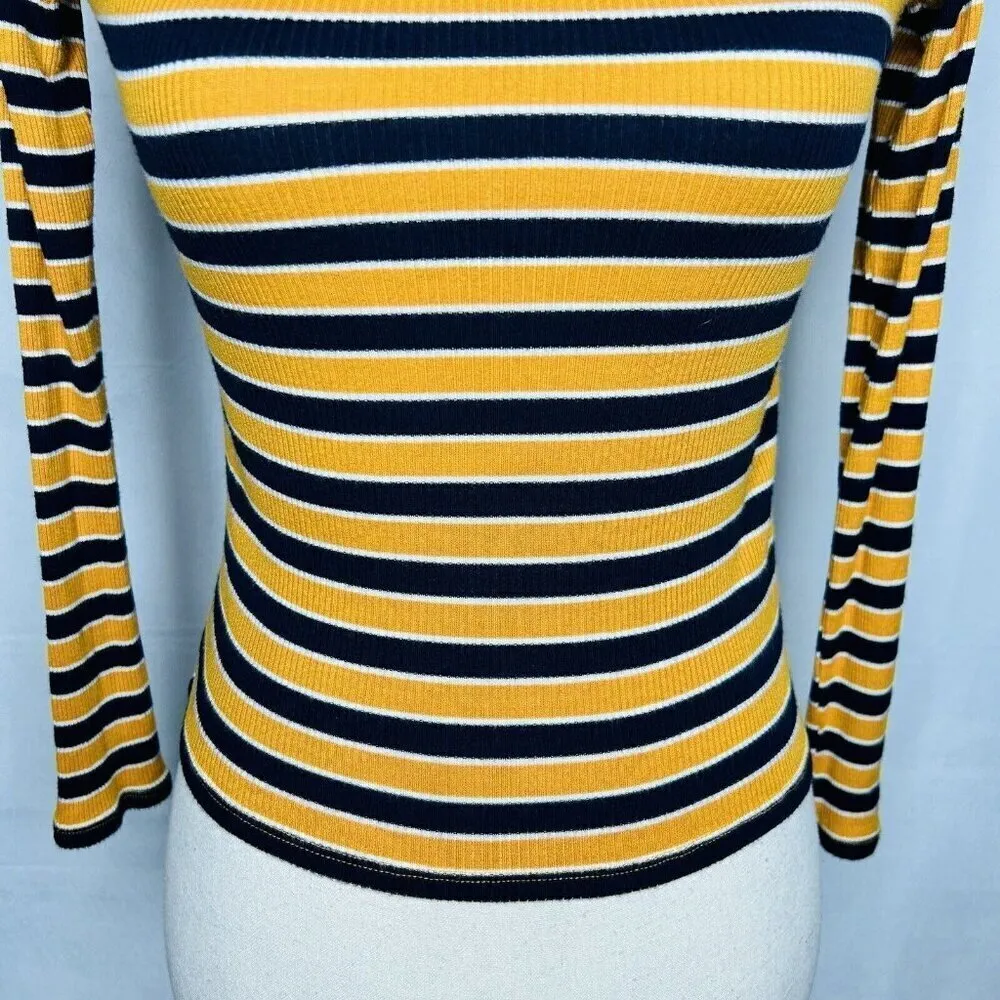 Forever 21 Long-Sleeve Ribbed Shirt Womens Size S Gold Navy Striped Rayon Blend - Image 3