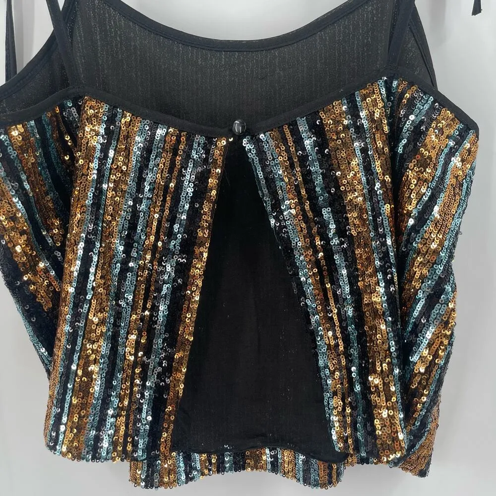 SAY WHAT? Sequin Tank Size Medium Stripe Button Back Tie Straps Open Back Party - Image 7