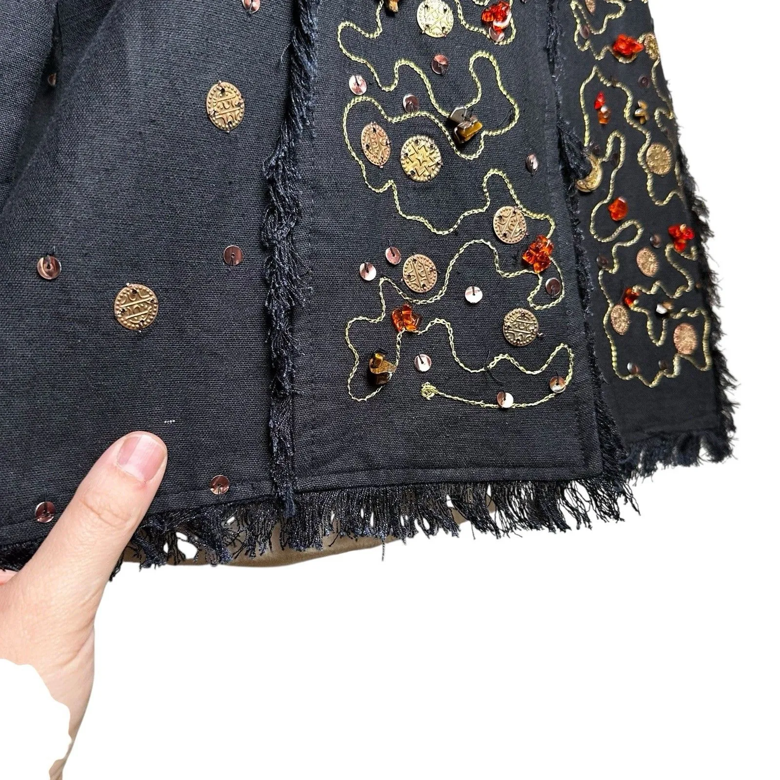 Indigo Moon Embellished Black Fray Linen Blend Jacket M | Boho Western Artwear Size M - Image 6