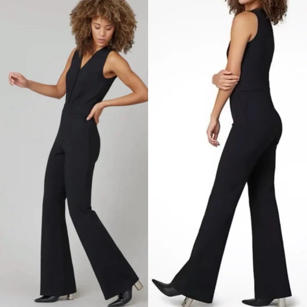SPANX The Perfect Sleeveless Jumpsuit Ponte Knit Classic Black Flare Wide Leg - Image 6