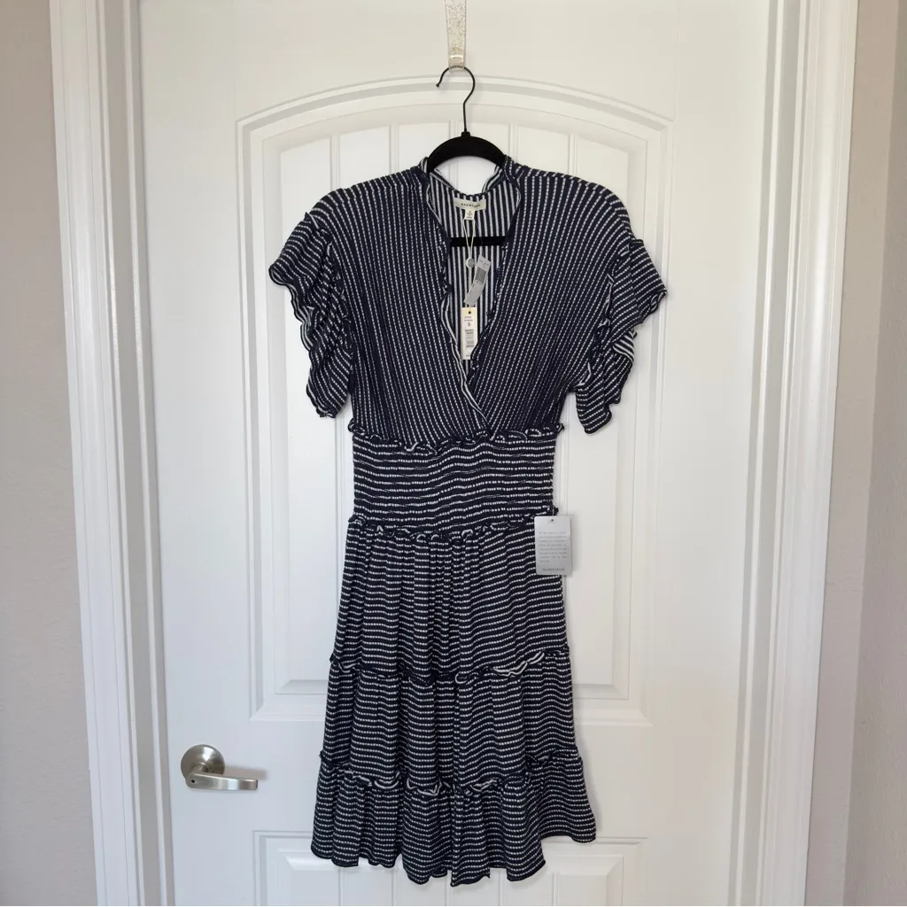Max Studio Small Navy White V Neck Jersey Smocked Waist Tiered Stripe Dress NWT - Image 5