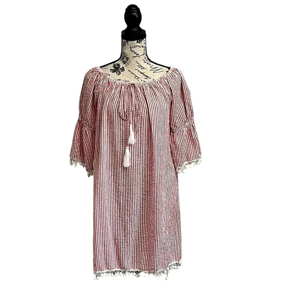 Gianni Bini Seersucker Striped Off Shoulder Tassel Peasant Mini Dress M Coastal White Size M - Image 2