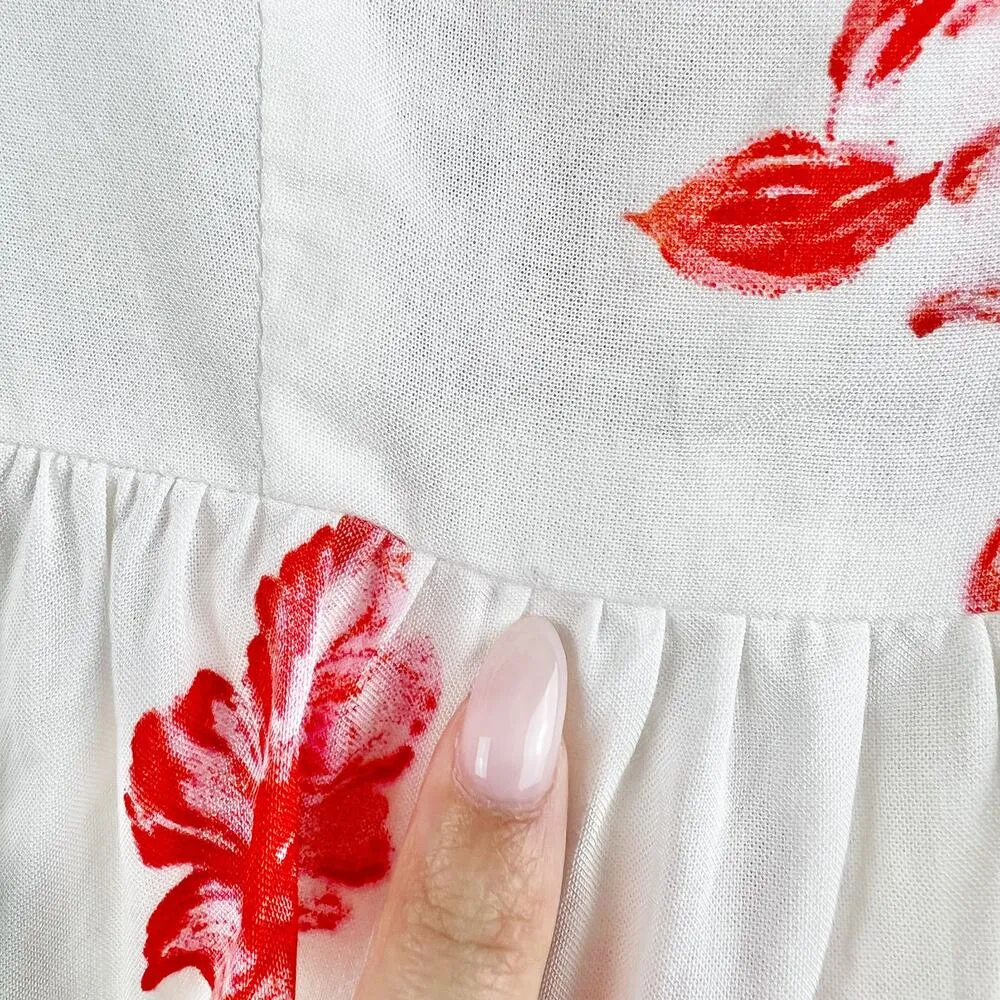 NEW  White Red Floral Ruffle Plunge Sheer Mini Dress M Coquette - Image 6