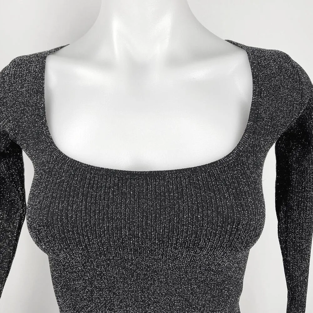 Zara Black Ribbed Knit Scoop Neck Long Sleeve Speckled Sweater Crop Top Sz XS/S - Image 3
